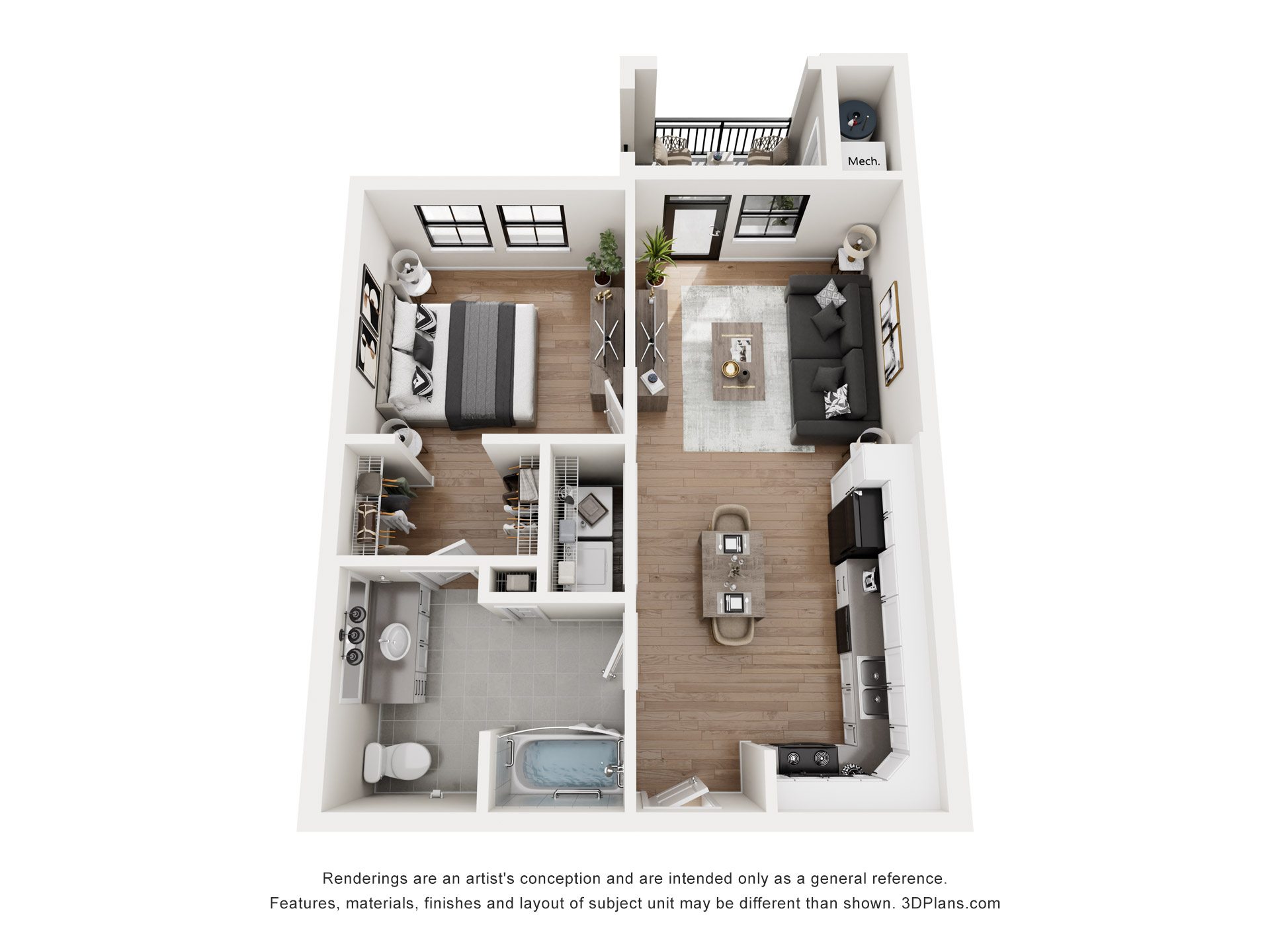 Floor plan for 1 bed, 1 bath, 695 sqft